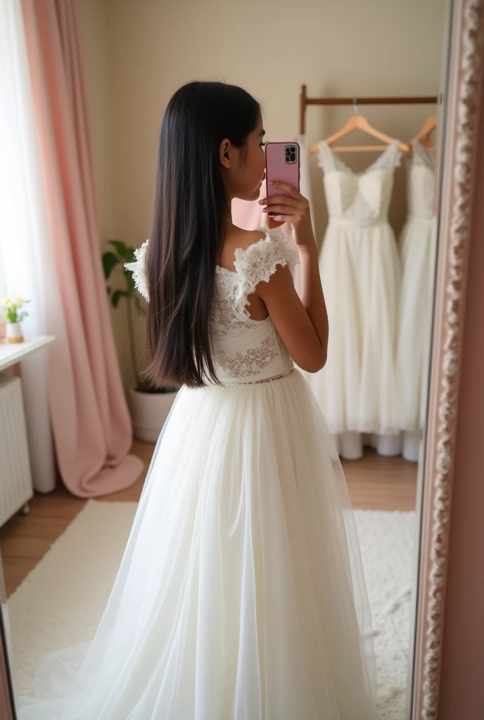  girl trying on white dress
Black hair selfie 