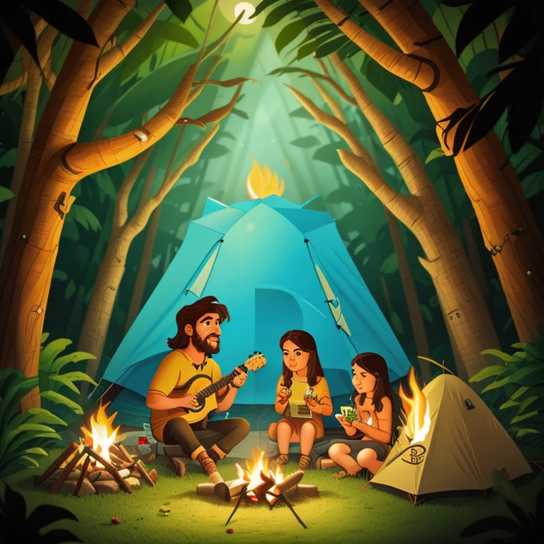 create a logo for a night camp, with a long haired man playing guitar, a woman reading and three other people cooking around a campfire in the Brazilian jungle, There must be at least 5 people in the image, and there also have to be tents set up 