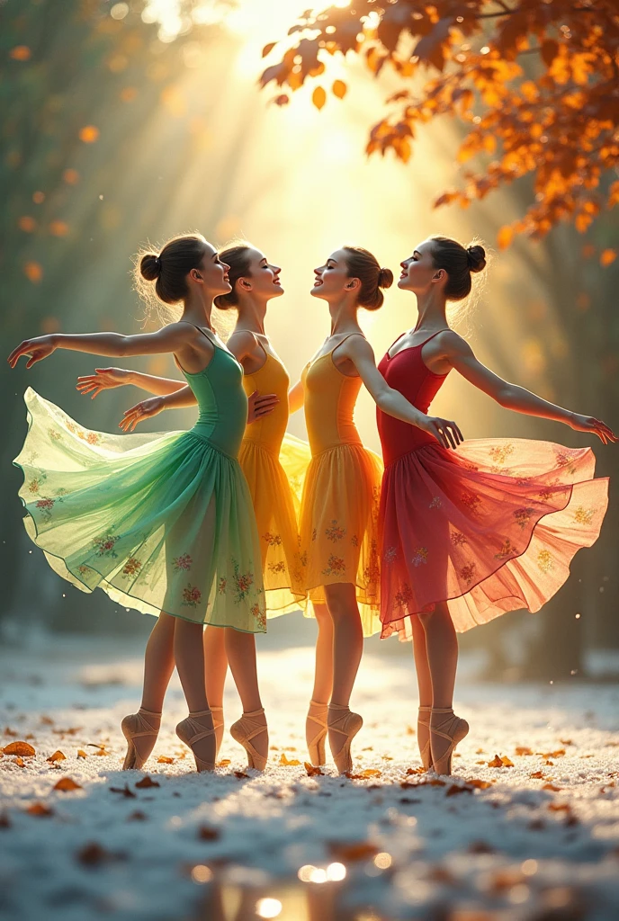 Create 4 ballet dancers that represent the 4 seasons of the year. summer, spring, autumn and winter