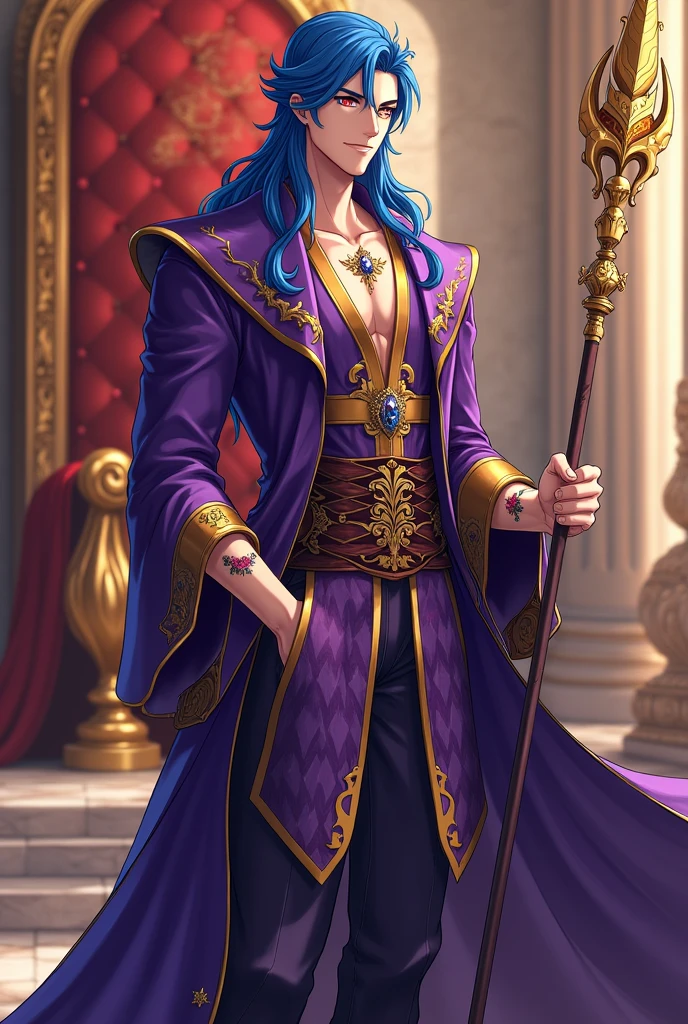 Guard the Throne、male、Blue Hair、Has a spear、smile、Luxurious clothing、Flower Tattoo、anime