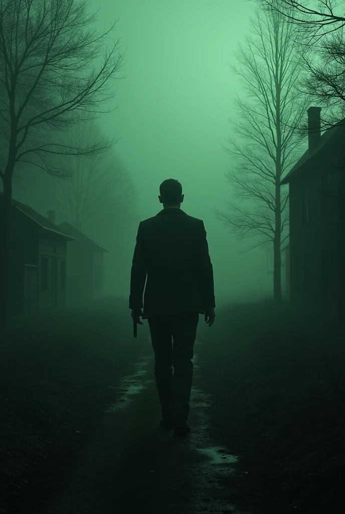 A realistic horror image, a distant cursed village, the lighting is greenish to dark, horror ambience, in the center of the image there is special agent Leon Scott Kennedy,
In the background there are trees and old wooden houses