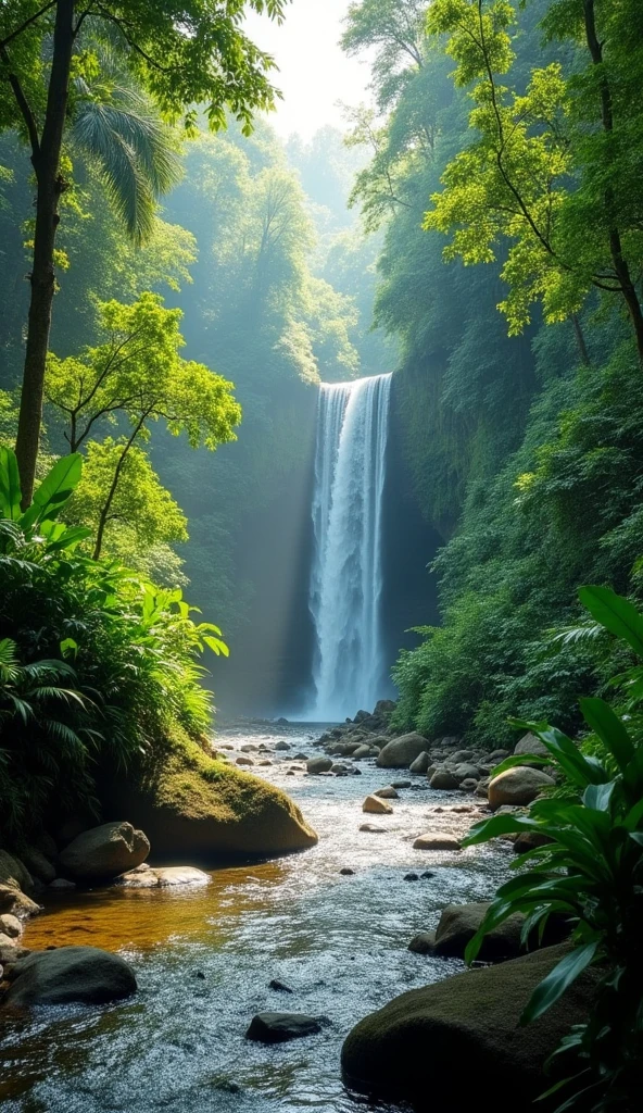 A beautiful morning , in a lush greeny Tropical jungle , at beautiful river , beautiful waterfalls at the background,