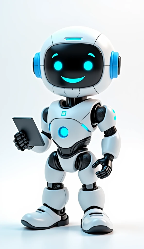 white and blue smiling friendly cute nerdy robot 3d character, one hand holding a keyboard, the other hand on the waist, standing in front of a white background