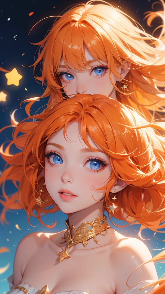 beautiful orange hair, wavy and with straight bangs, skin fair, Blue eyes, Star Eyes, delicate lips, sweet smile