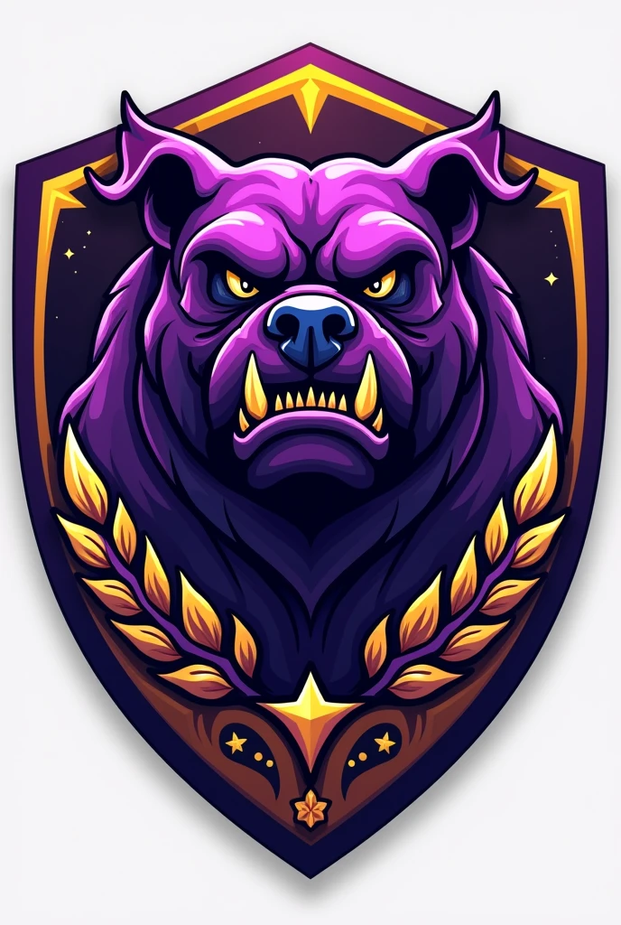 Create a shield for a football team called Barbalho GBC in Portuguese, purple and gold colors, bulldog
