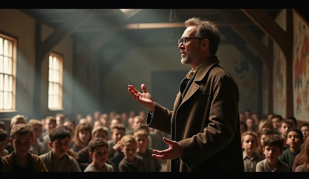 A man speaking to hundreds of children in his orphanage in 1800s Germany