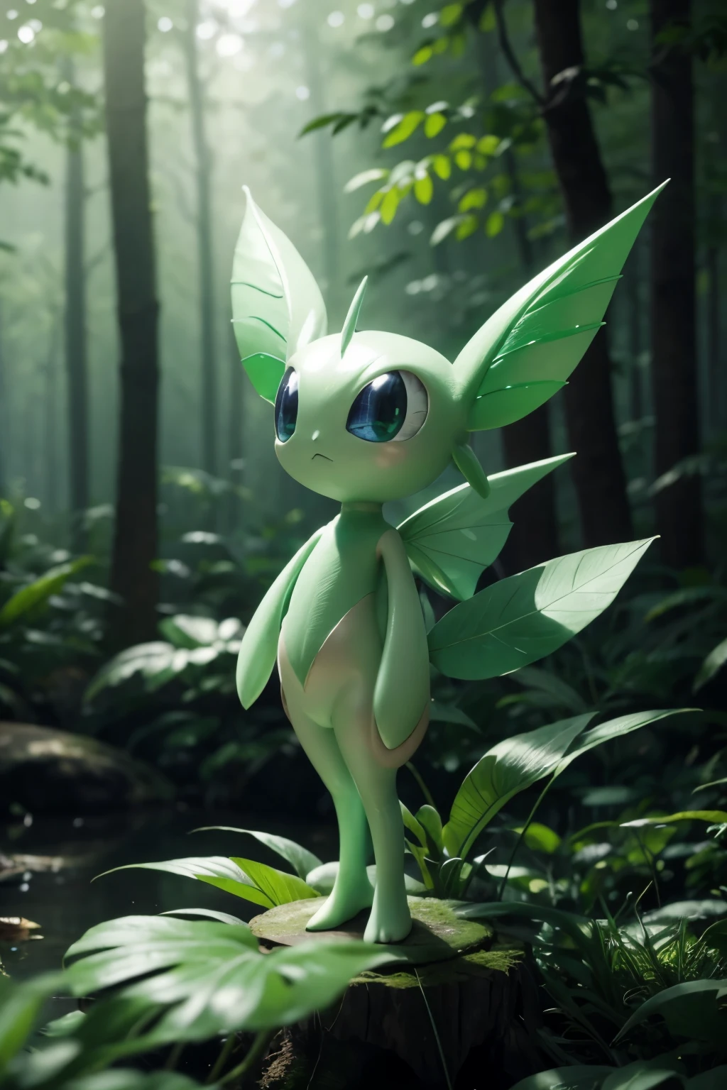 The shiny celebi pokemon, watercolor, comfortable forest, high quality, high lights, high shadow, no crash, no blur, 4k