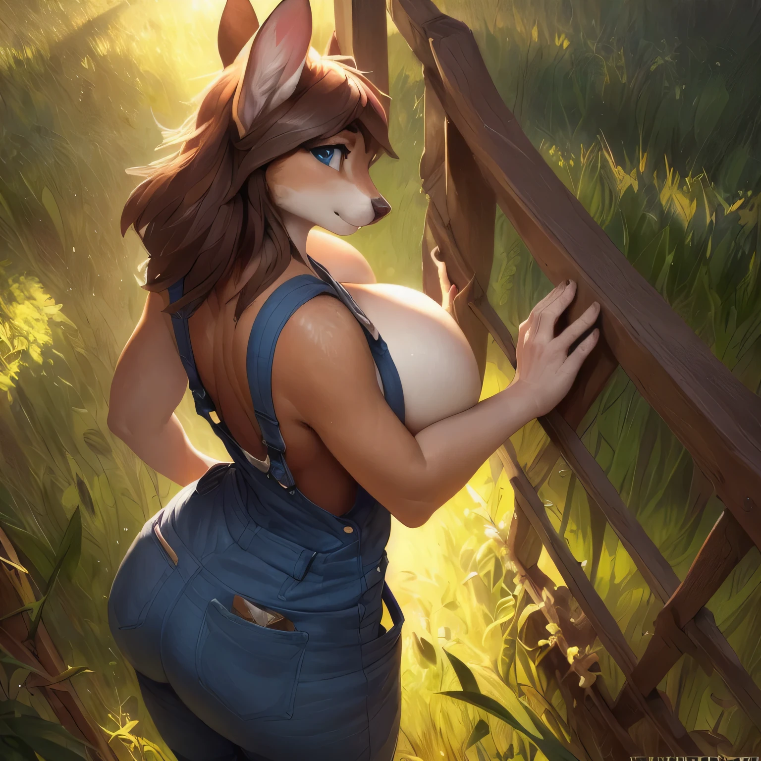 uploaded on e621, by Pixelsketcher, by Bayard Wu, by Thomas Benjamin Kennington , by Einshelm, solo anthro female deer doe with ((nice )) and (fluffy tail) and ((clear navy blue eyes)), (( full body portrait)), BREAK, ((wear dirty work overalls)), sweaty, nervous, embarrassed (detailed Bonifasko lighting), (detailed fur), (detailed skin), BREAK, (( against a wooden fence in a field of crops with hand between legs)), (cinematic lighting), ((detailed background)), ((high-angle view)), (three-quarter view), (half body shadow), [backlighting], [crepuscular ray], [detailed ambient light], [gray natural lighting], [ambient light on the belly], (higher wildlife feral detail), [explict content], [sharp focus], (questionable content), (shaded), ((masterpiece)), Break ((side view)) (big ass) (( big tits))ody)) ((big big ass)) ((back view)(siting))