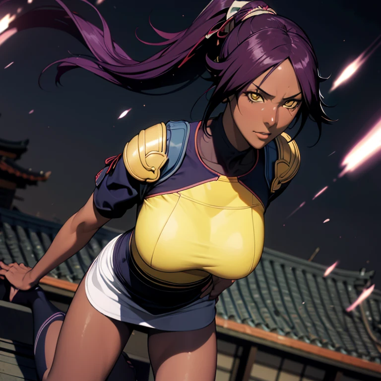 ((Master quality, 8K, masterpiece:1.3, ultra-detailed, high resolution, RAW Photos, detailed , blurry, Actual, hyper realistic, photo, HDR)), BREAK, Anatomically perfect, perfect hands, perfect legs, perfect feet, detailed eyes, BREAK, One person alone, yoruichi shihouin, long hair, (yellow eyes:1.5), ponytail, purple hair, (((dark skin, dark-skinned female))),, BREAK, beautiful face, beautiful detailed eyes, (sexy posing ), , ( Round and Stacked Breasts ), Cleavage, abs, seductive smile:1.5, Sweat-soaked skin, BREAK, wearing( ), , Graffiti art, BREAK, ( Random Angle, full-body, ), dynamic angle, , background(Realistic , cinematic lighting, depth of field, night , the full moon,, Samurai residence city atmosphere light particles, , )