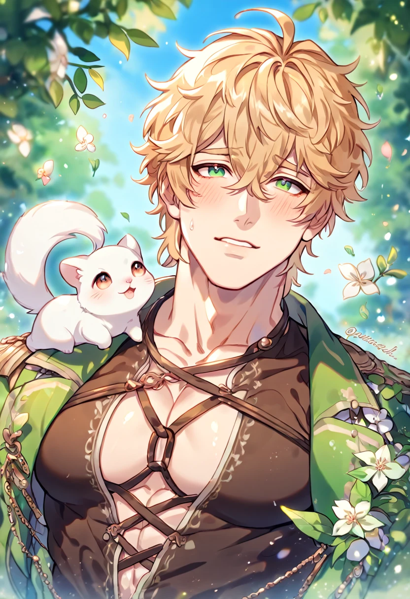 absurdres, highres, ultra detailed, HDR, master piece, best quality, extremely detailed, detailed eyes, Quincy, blonde hair, messy hair, hair between the eyes, expressive amber eyes, Nu Carnival, solo, sexy man, manly man, horny, lewd, handsome, fantasy, dark brown shirt with lacing exposing his chest, green jacket, spring, flowers, green leaves, magical forest, dark fantasy, blue sky, white cute small ferret on his shoulder