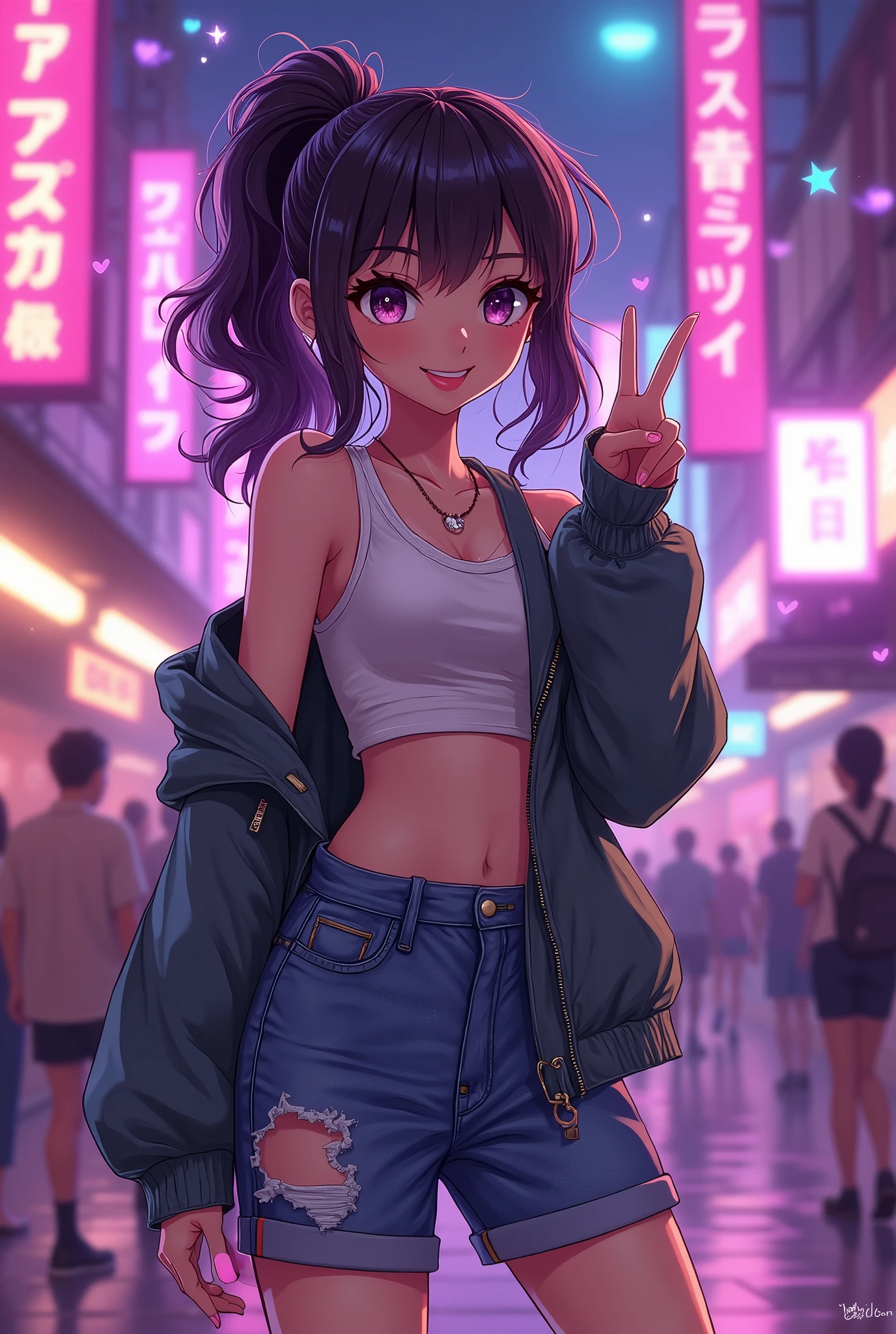 cute anime character girl, sticking tongue out, showing peace sign, messy wavy hair, heart-shaped pupils, wearing loose baggy hip-hop fashion, attractive and seductive face, make-up, superlative body proportion, background purple neon streets, notes effects, star effects, heart effects, glitter effects, 2.5D, delicate and dynamic, graphic CG digital art