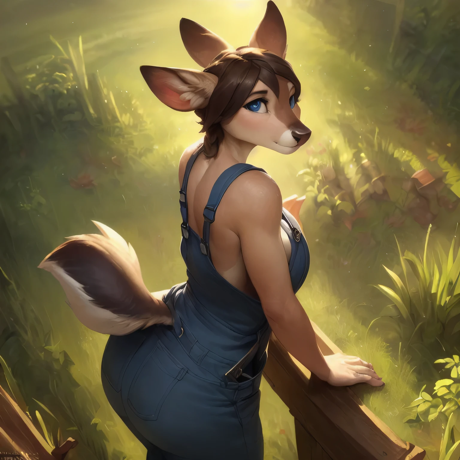 uploaded on e621, by Pixelsketcher, by Bayard Wu, by Thomas Benjamin Kennington , by Einshelm, solo anthro female light brown deer doe with ((small perky breasts)) and (fluffy tail) and ((clear navy blue eyes)), (( full body portrait)), BREAK, ((nude, naked, no clothes)), sweaty, nervous, embarrassed (detailed Bonifasko lighting), (detailed fur), (detailed skin), BREAK, ((facing viewer and leaning against a wooden fence in a field of crops with hand covering chest)), (cinematic lighting), ((detailed background)), ((high-angle view)), (three-quarter view), (half body shadow), [backlighting], [crepuscular ray], [detailed ambient light], [gray natural lighting], [ambient light on the belly], (higher wildlife feral detail), [explict content], [sharp focus], (questionable content), (shaded), ((masterpiece)), BREAK detailed breasts, detailed vagina,
