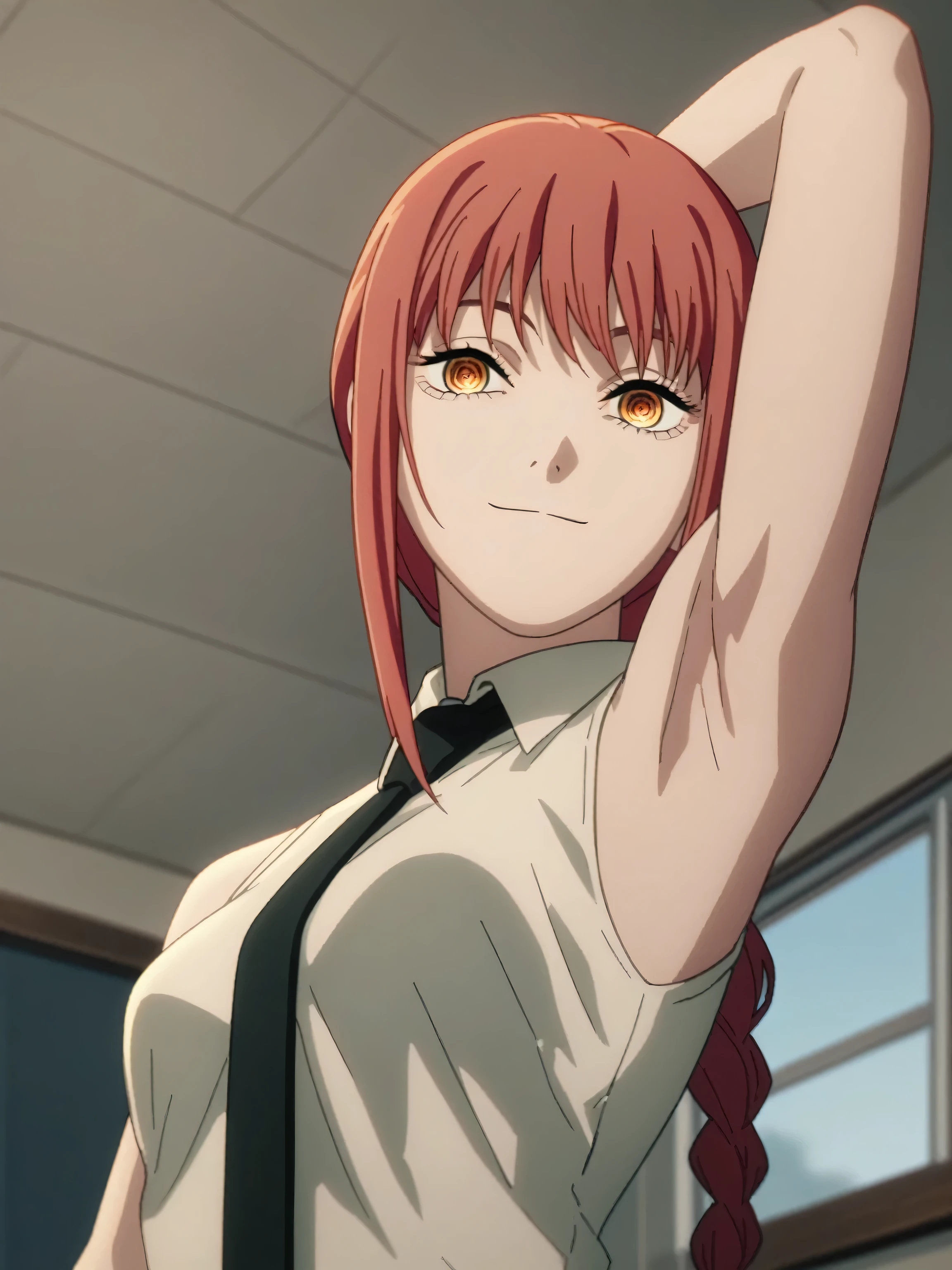 score_9, score_8_up, score_7_up, source_anime, anime screencap, 1girl, solo, mak1ma0, red hair, long hair, ringed eyes, braided ponytail, tie, necktie, black necktie, white shirt, sleeveless shirt, collared shirt, bare shoulders, bare arms, looking at viewer, eye contact with viewer, smile, closed mouth, sleeveless, bare shoulders, arm up, raised arm, arm behind head, armpit, (from side, from below:1.1), indoors, in the office, evening, window