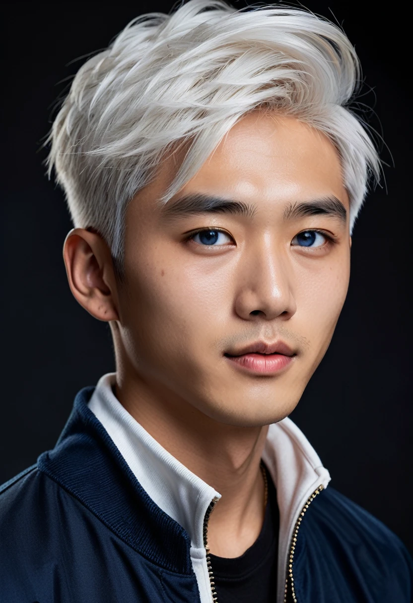 a realistic young handsome Asian male, with styled white hair. has very vibrant blue eyes. Wears a dark blue zip-up jacket with a high collar that's also fairly wide.