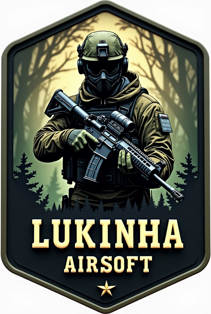 Hexagonal rubber patch , Airsoft crest , with the name Lukinha airsoft using m4 rifle weapon , Camouflage background, operador Airsoft