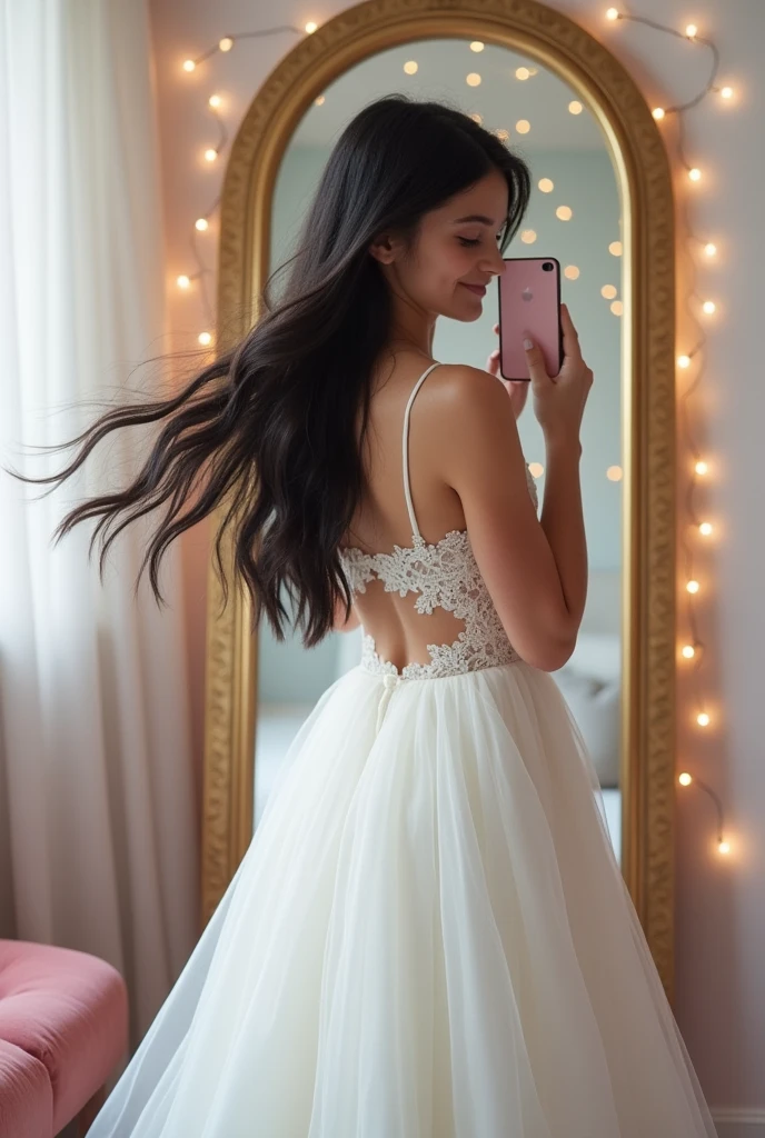 16 year old girl trying on white dress
Black hair selfie Infront of the mirror 