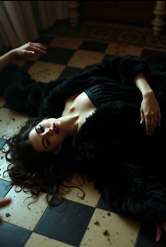 black fur, across the disordered wide, lying face up, Go to the side, on the checkered floor, sleeping, closed eyes, sleep, 1 girl, Alone, scenery, NSFW, legs, big breasts, unclothed, Brown leather, indio, thick eyebrow, university, Kahlo, lourdes leon, Princess, Gothic, victorian, girl lying on the floor attacked by hands