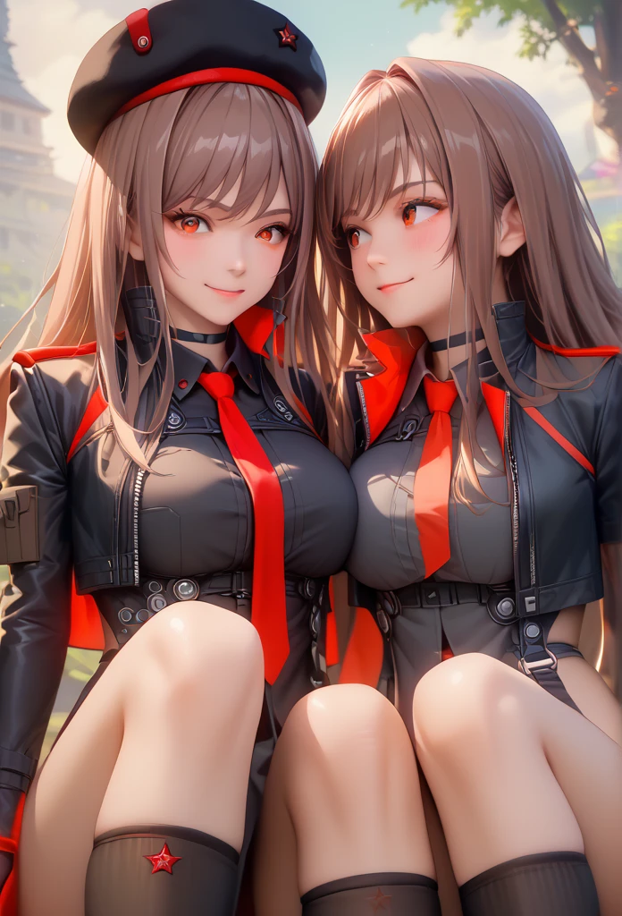 Lapidev, Red eyes, Brown Hair, Long Hair, bangs, beret, Black jacket, Cropped jacket, Red tie, gloves, Black Shirt, 
Knee socks,9,score_8_superior,score_7_superior,masterpiece,最高quality,Perfect Anatomy,so beautiful,Official Art,8k,Shiny_skin,fair_skin,white_skin、Thighs:1.8,Large Breasts:2.2,,choker、Squat、The body is facing forward、Symmetrical, Blushing, smile, High resolution, Anatomically correct, 最高quality, High-resolution model, High detail, quality, 高quality, Ultra high definition, Very detailed, 質感のあるskin, Gaze, Spreading her legs:2.0