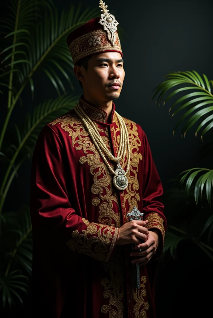  extremely detailed and high resolution photo quality image of a Malay man wearing traditional royalty costume and holding a Malay dagger also known as keris . Low light