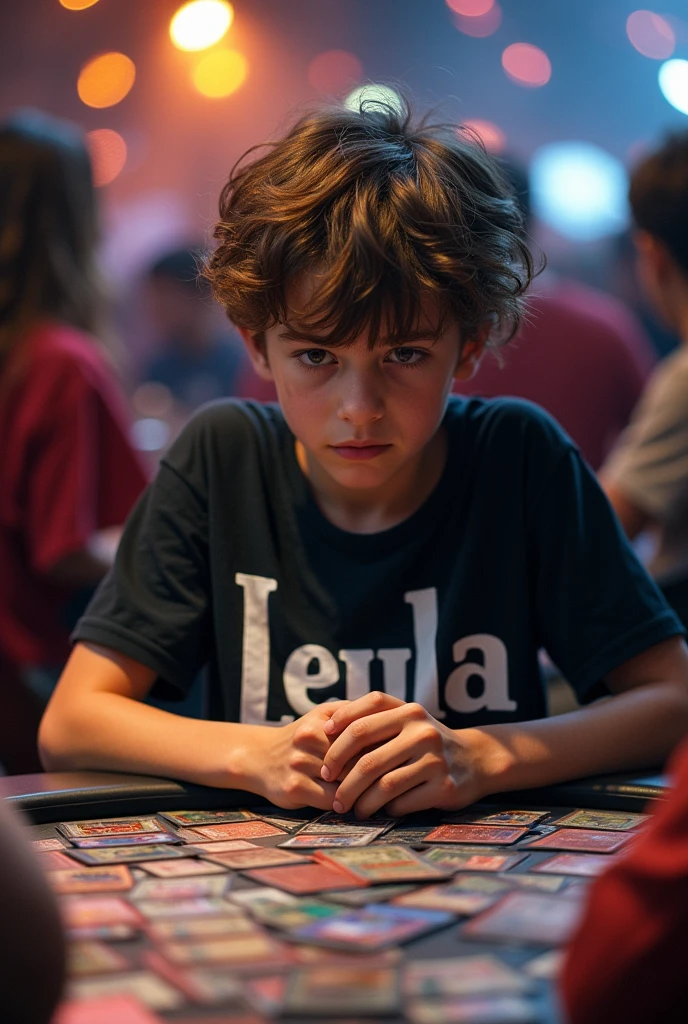 Teenager playing Yugioh cards in a crowded room. The teenager has a t-shirt with white letters that says: Leyla. portrait, cinematic lighting, dramatic lighting, warm color tones, dramatic colors