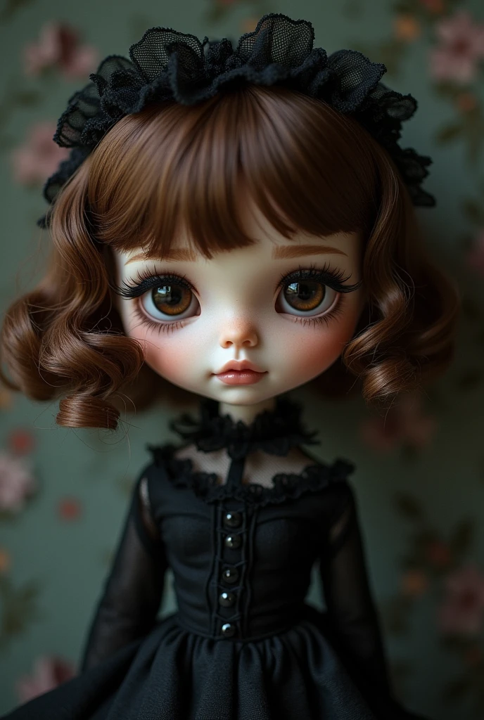 Create a blythe doll with pale skin, dark brown eyes, brown wavy hair with short bangs and short length, large eyelashes and a sad expression on her face, with dark style clothes
