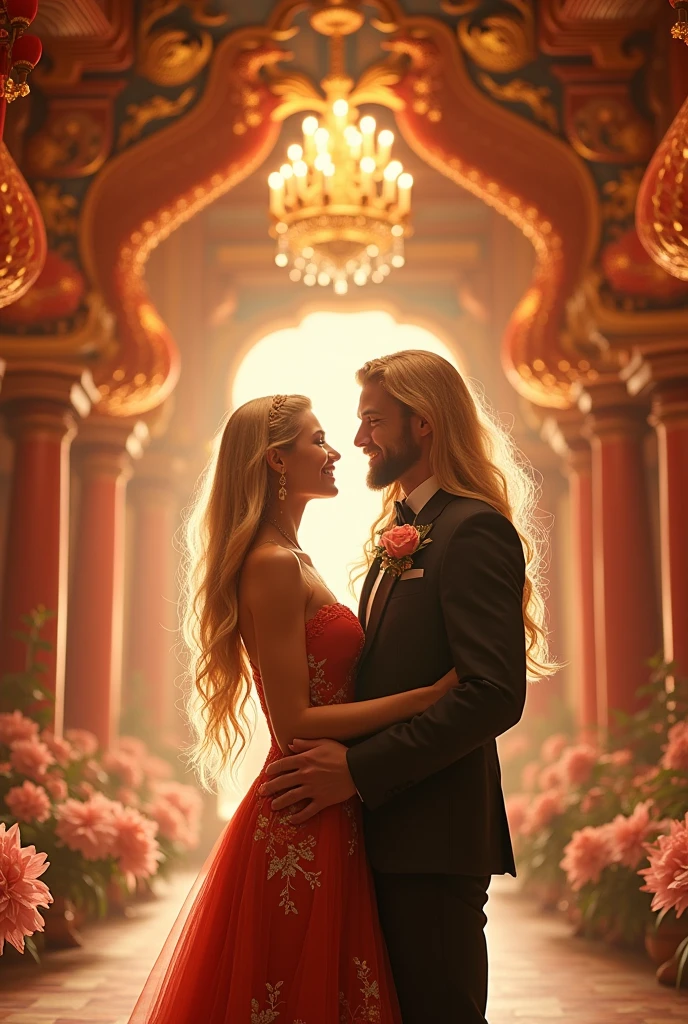 Engagement announcement (no wedding) of a princess, a blonde girl, and a man with long golden hair in the phoenix palace