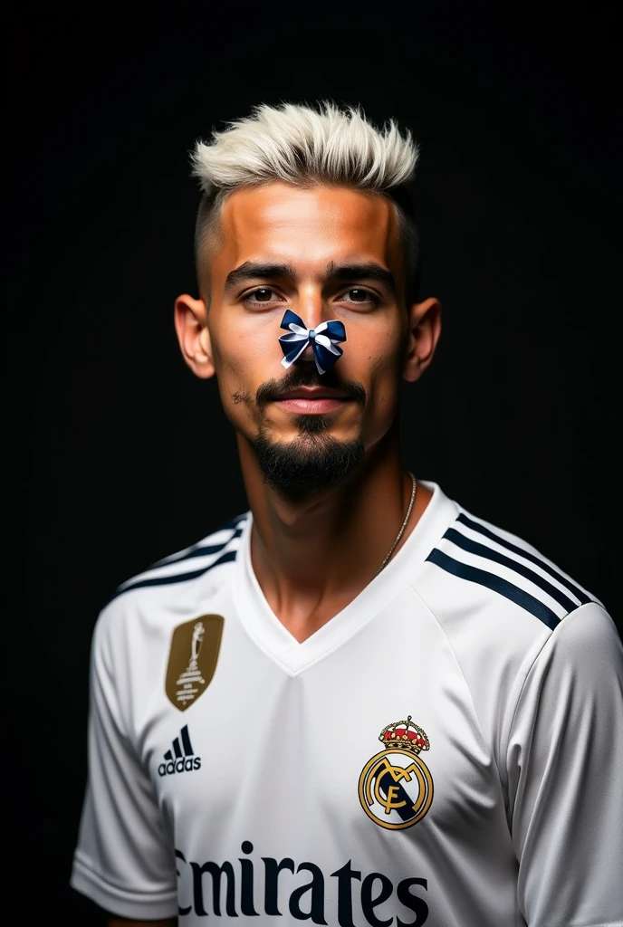 Make a football player with the Real Madrid shirt, young brazilian with white hair short haircut, Brazilian player, with a black background and with a goatee and mustache and a ribbon on the nose