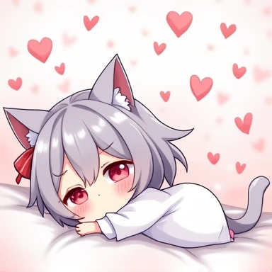 One Woman,Gray Hair,Cat ear,((Chibi Character)) Heterochromia iridis,Eye color,red,White kimono,Star Iris Background(Heart Background,Lots of hearts,pink,Watercolor style) Sleeping,Please enter text in the bottom right corner of the fantasy image,A very popular font,