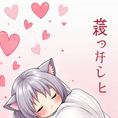 One Woman,Gray Hair,Cat ear,((Chibi Character)) Heterochromia iridis,Eye color,red,White kimono,Star Iris Background(Heart Background,Lots of hearts,pink,Watercolor style) Sleeping,Please enter text in the bottom right corner of the fantasy image,A very popular font,