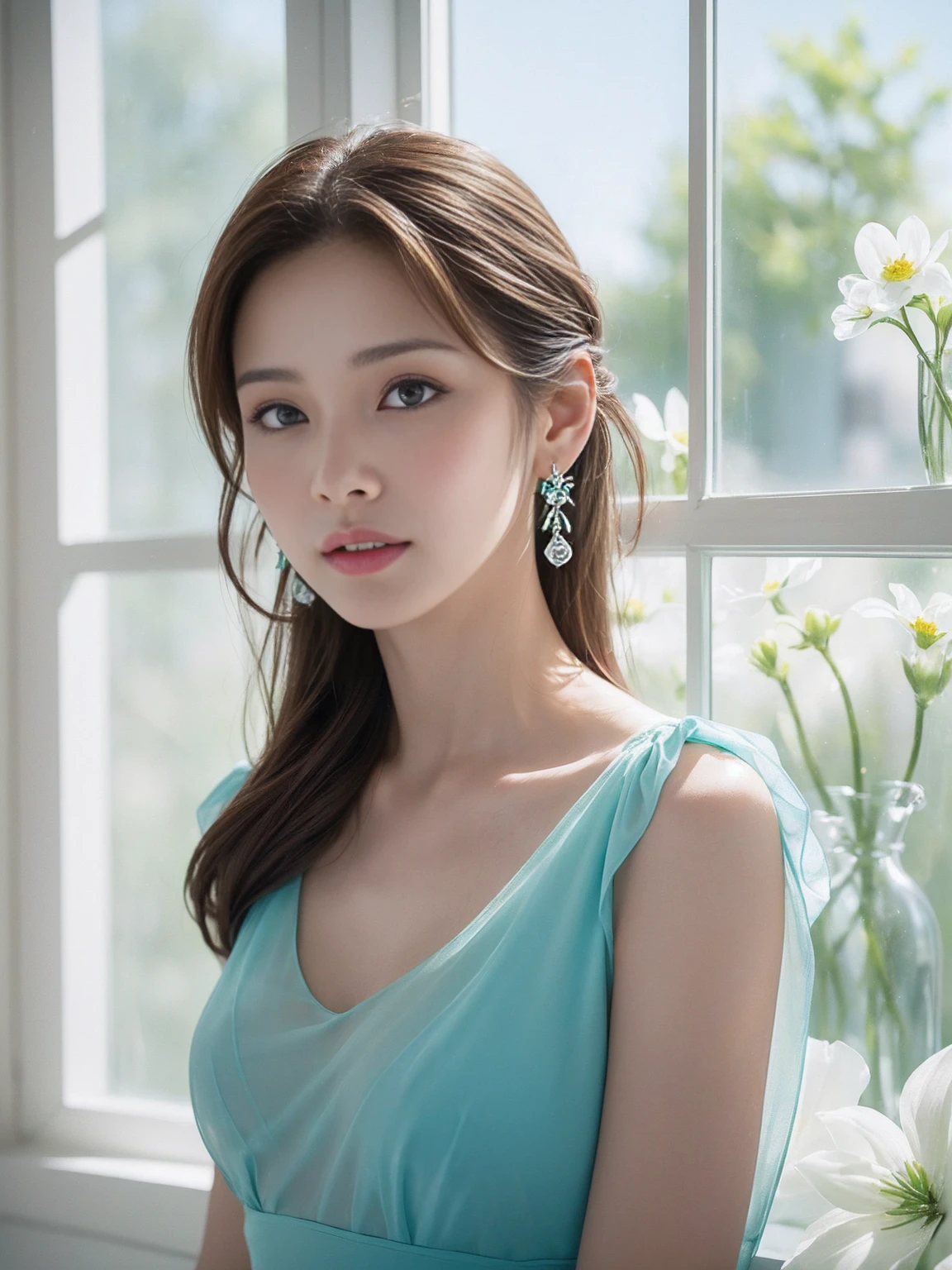 (((A bright and stylish room、window、flower、green)))、(((High Key Portrait 2.0)))Professional Lighting、(((Professional Lighting 1.5)))、Translucent skin texture、Beautiful Skin、Beautiful Skin、Glowing Skin、(((Whitening 1.5)))、、、音符のEcstasy、(((Sky blue dress 1.5)))、See-through 1.4、See through、Mid-shot photo、Simple Earrings、((Brown Hair))、((Medium Hair))、Tie your hair up、Sex Appeal、Sex Appeal、Ecstasy、(((Mid-shot photo1.5))、(((1.85)))、Transparent photos、Graceful and beautiful woman、大きなflower束を持っている