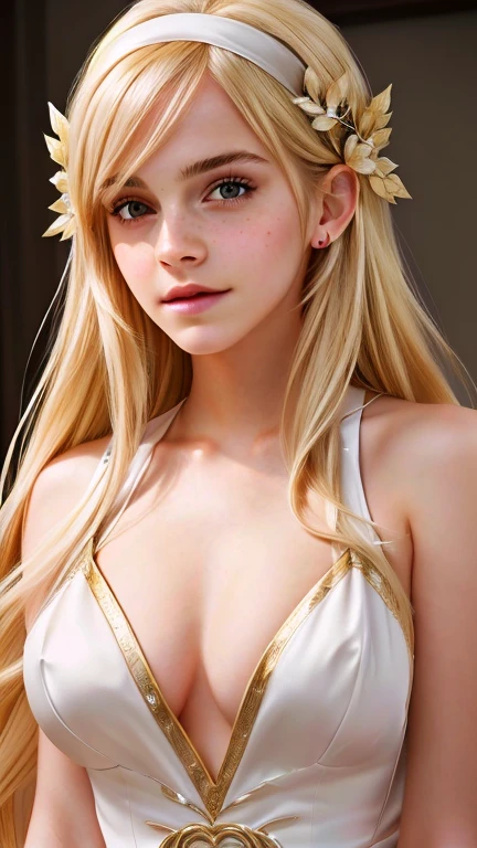 ((( face de Emma Watson:0.9))) a close up of a woman with long blonde hair wearing a white dress, Anime goddess, blonde goddess, beautiful anime woman sedutora, blonde anime girl with long hair, Cute anime girl, seductive anime girl, beautiful anime woman, detailed anime digital art, beautiful and seductive anime , attractive anime girl, 极其详细的Artgerm, gorgeous goddess