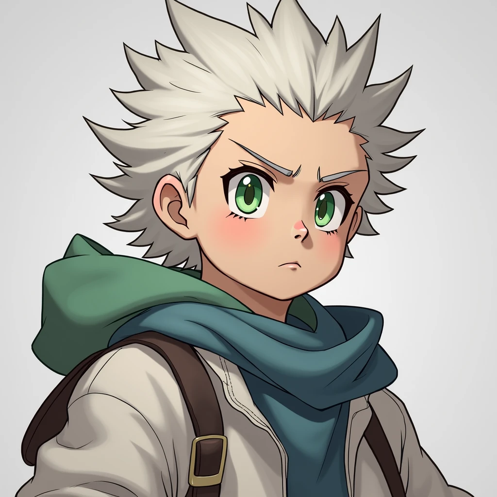 full body photo, serious face, Athletic, 25 year old Halfling, green colored eyes, blue scarf, white sweatshirt with green hood , Black boots, handbag, アニメ, 4K, epic,