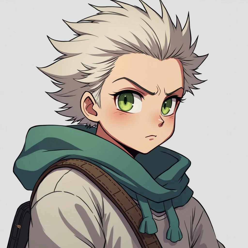 full body photo, serious face, Athletic, 25 year old Halfling, green colored eyes, blue scarf, white sweatshirt with green hood , Black boots, handbag, アニメ, 4K, epic,