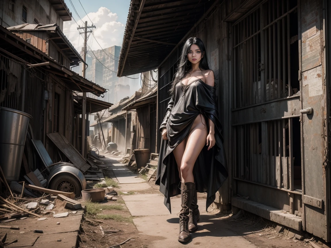 A beautiful girl, long black hair, dressed in a poncho on a naked body, wearing boots, bare legs, bare shoulders, against the background of a dirty metal wall, a post-apocalyptic plot