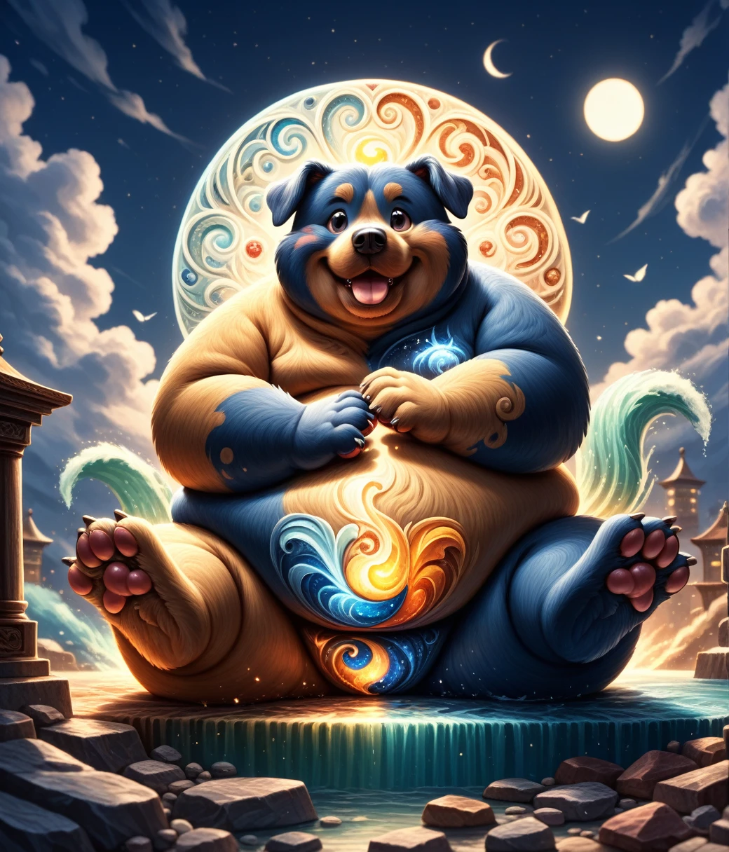 (cute, fat, obese, anthro, male, dog), DonM34r7h3l3XL, fullbody, sitting on earth, spread legs, adorable, magical oasis, fantasy, night time, moonlight, magical, extremely detailed, beautiful,whimsical, hires textures, highly detailed, intricate details, best quality, masterpiece, bright lighting, detailxl