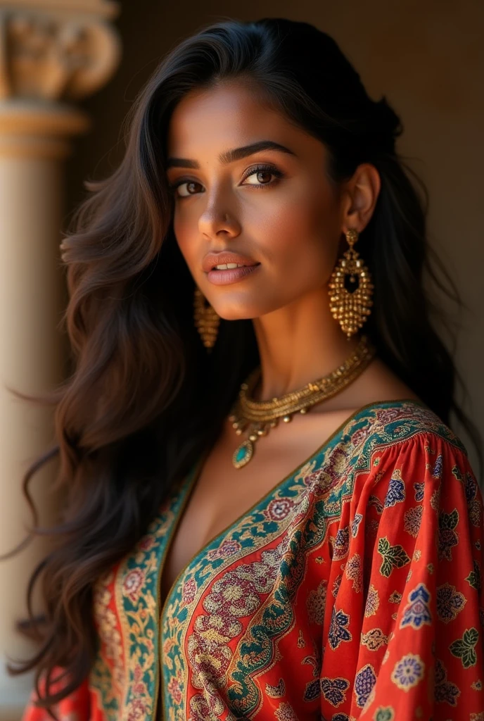 A beautiful Moroccan girl, brown dark eyes, 26 years old, olhos amendoados, oval face shape, Wavy hair, 170cm, 65kg, high-detailed face, Detailed texture skin, elegant poses, colorful moroccan dress, gold jewelry, natural lighting, dramatic shadows, Warm Color Palette, portraite, realisitic, photorealisitic, 8k, work of art