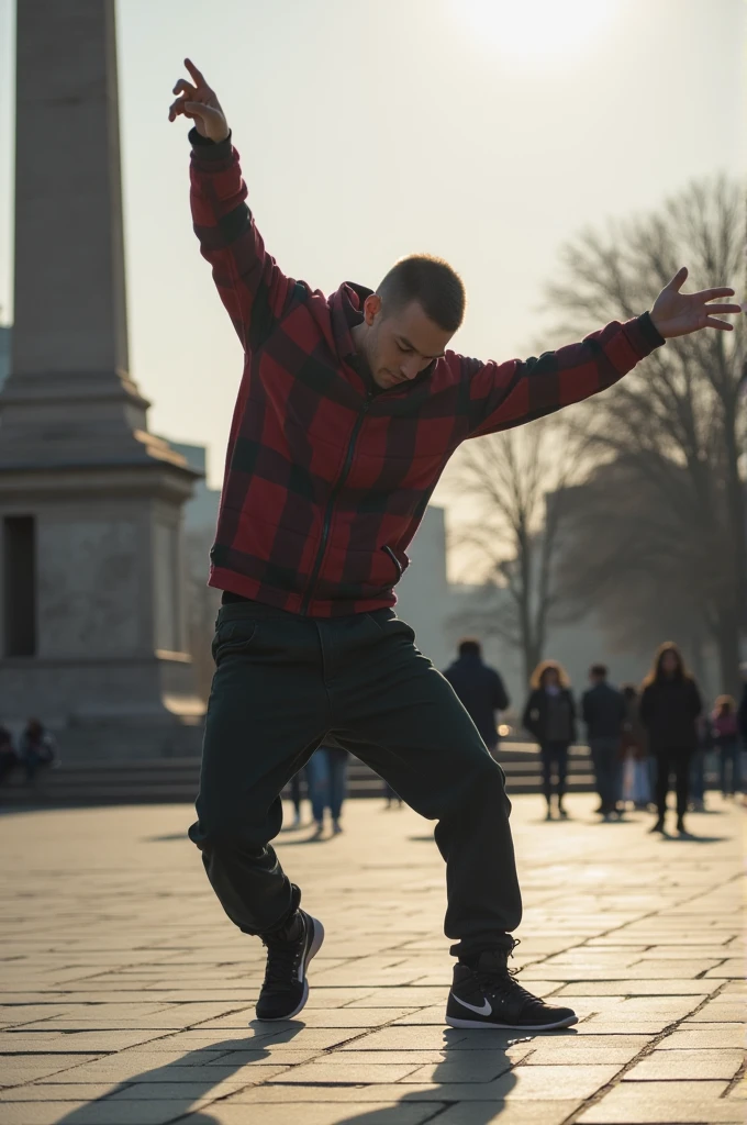 a guy dancing hiphop in a square during the day