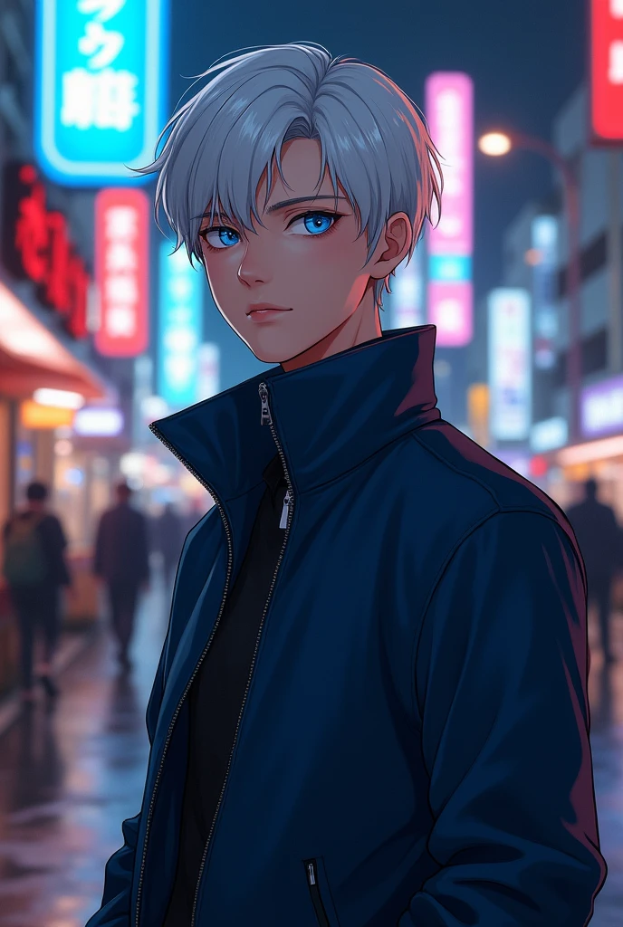 realistic young handsome Asian male, with styled white hair like satoru gojo. has very vibrant blue eyes. Wears a dark blue zip-up jacket with a high collar that's also fairly wide.