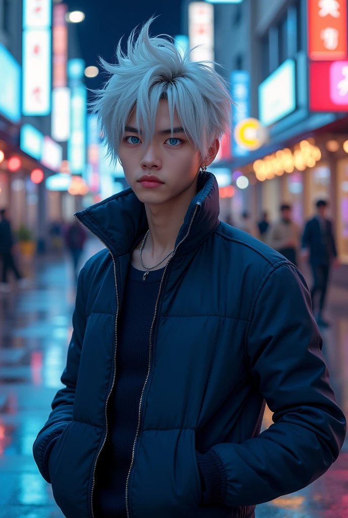  realistic young handsome Asian male, with styled white hair like satoru gojo. has very vibrant blue eyes. Wears a dark blue zip-up jacket with a high collar that's also fairly wide.