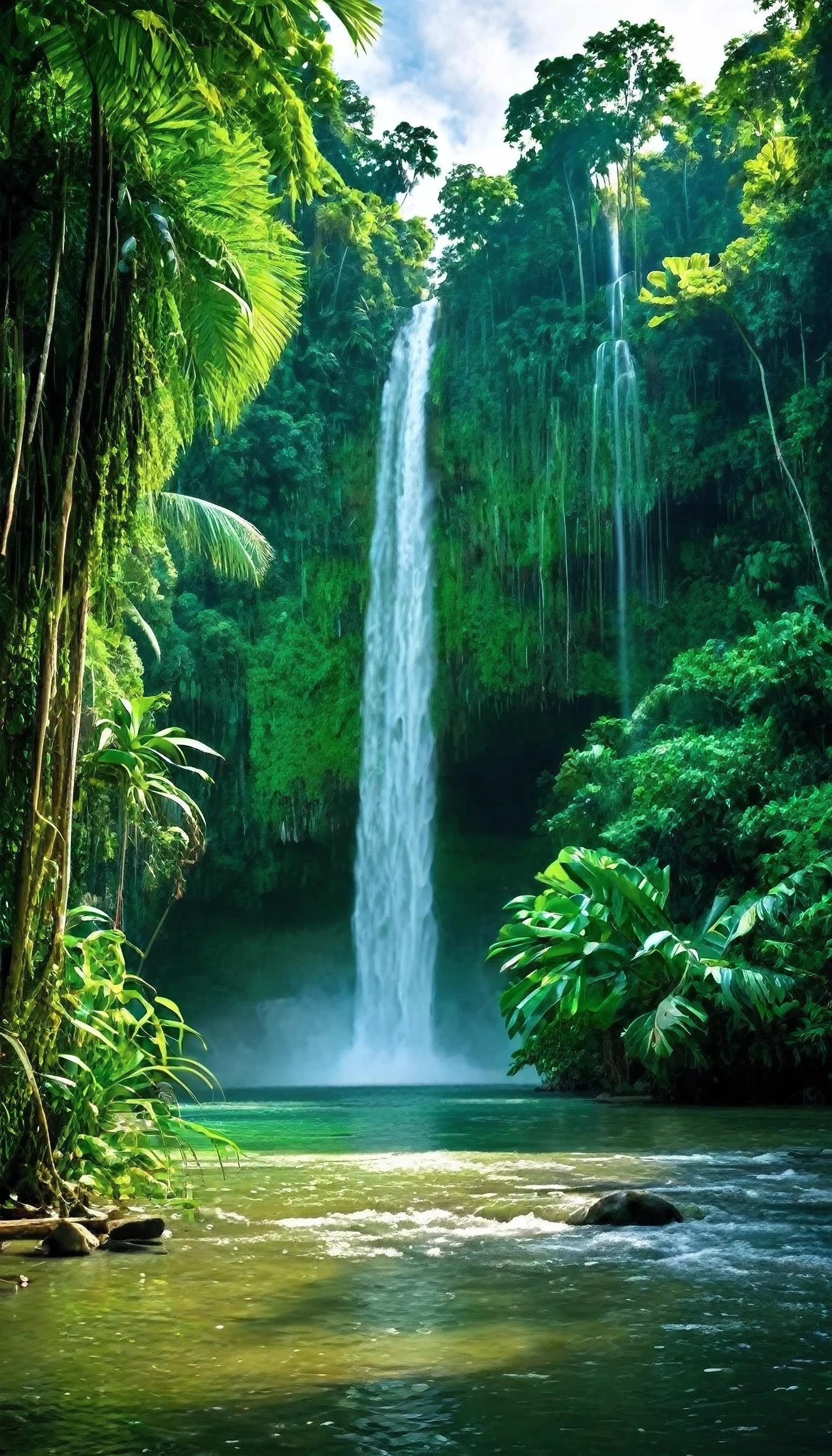 A beautiful morning , in a lush greeny Tropical jungle , at beautiful river , beautiful waterfalls at the background,