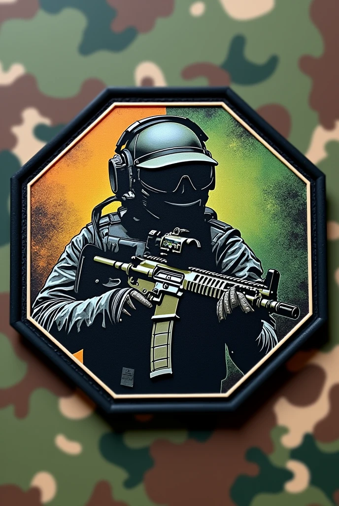 Hexagonal rubber patch , Airsoft crest , with the name Lukinha airsoft using m4 rifle weapon , Camouflage background, operador Airsoft headfone