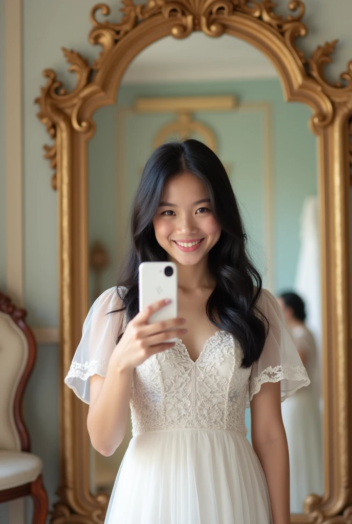  girl trying on white dress
Black hair selfie Infront of the mirror 