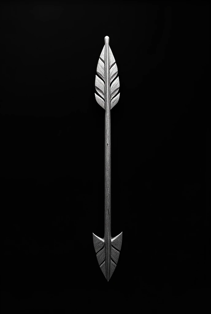 I want a simple image of a carved arrow with feather tips crossing the screen from top to bottom vertically.. The white arrow as if drawn by graphite. Completely black background
