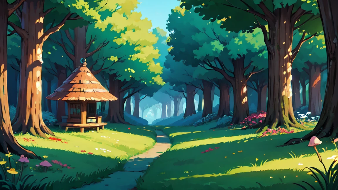 ((em chamas)), Cute cartoon fantasy fairy street sidewalk and trees on a sunny day, forest plants, cute fairy mushrooms, beautiful wild flowers, detailded, detailed background artwork, Mobile game background, fundo do jogo, 2D game art background, street background, citys, scenery art detailded, landscape artwork, mobile game art, 2d game background, anime background art, forest clearing landscape, Anime rural landscape, forest inside, elf deep forest, forest setting, detailed game art, 4K