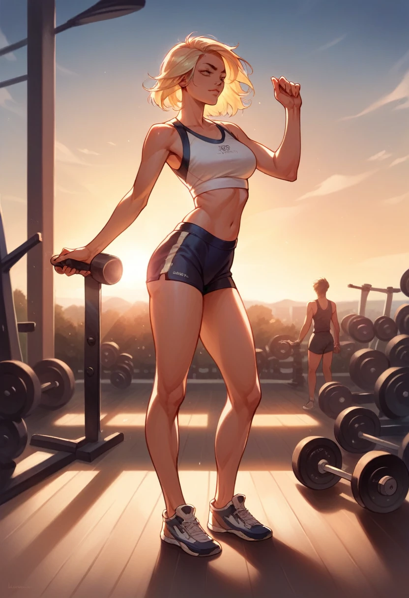 woman, ((gym)), full body, sunset, fashion, quality photography Hasselblad H4D 200MS digital camera, (((ultra realistic))), sun flare on lens, (((super detailed))), (((hiper detailed)))16k