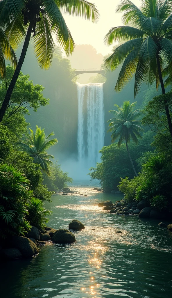A beautiful morning , in a lush green tropical jungle , in the beautiful river , beautiful waterfalls in the background,