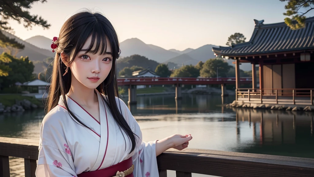 With open arms, Cute crying face, Laughs and Tears, 最high quality、high quality、Best image quality、8k、最High resolution、High resolution、temple, Realistic photos, Healthy body, Beautiful Eyes, Flowing black hair, Colorful kimono, Calm expression, Soft lighting, Traditional Japanese art style, Vibrant colors, Peaceful atmosphere, Delicate features, Graceful posture, Beautiful Landscape