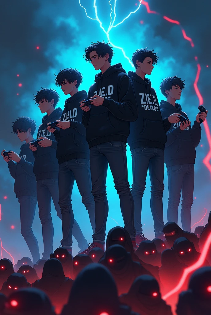 A squad of **** boys holding a PlayStation 5 controllers each ,anime style, while standing on a while standing on a shadow people, wearing a skinny jean,black hoodie written Z.E.D DEAD,dark smoke arising in the background,with small glowing eyes with blue flame,with a small but different hair styles ,wear a facemask ultra hd ,side ways view , with red lightening , chocolate skin 