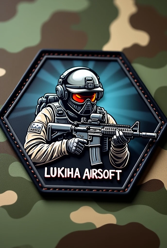 Hexagonal rubber patch , Airsoft crest , with the name Lukinha airsoft using m4 rifle weapon , Camouflage background, operador Airsoft headfone