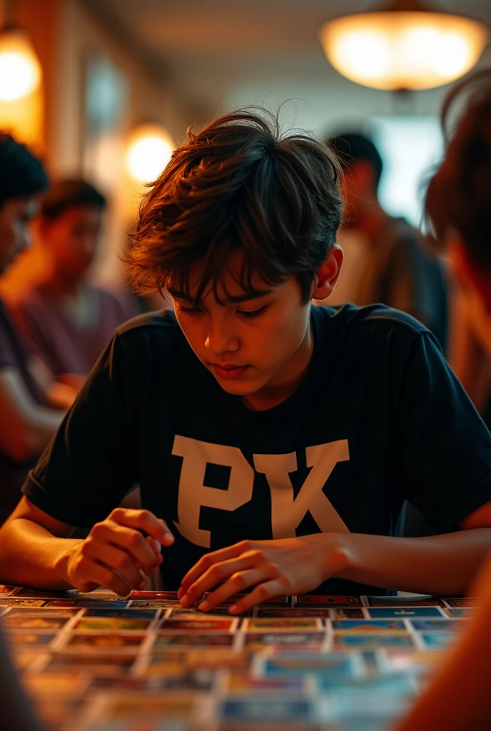 ager playing Yugioh cards in a crowded room. The teen has a t-shirt with white letters that says: PK Junior. portrait, cinematic lighting, dramatic lighting, warm color tones, dramatic colors